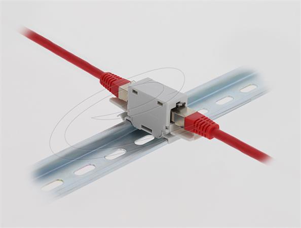 Delock Spojka RJ45, Cat.6A, ze zásuvky na zásuvku, s protiprachovou krytkou, k montáži na DIN, šedá