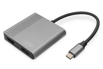 DIGITUS Adaptér USB-C - 2x HDMI, 18 cm 4K/30Hz, stříbrný, hliníkový kryt